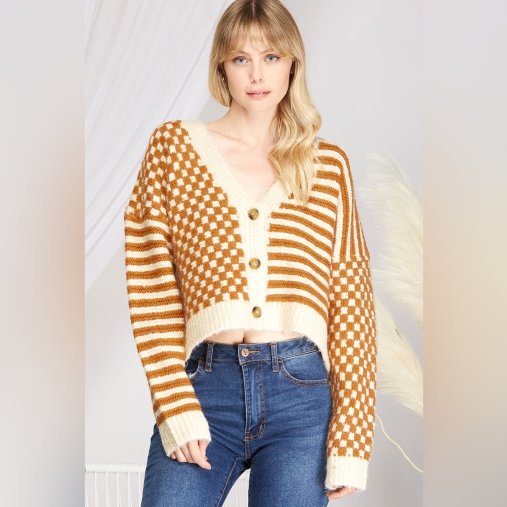 She + Sky Brown and Cream Checkered Cardigan
